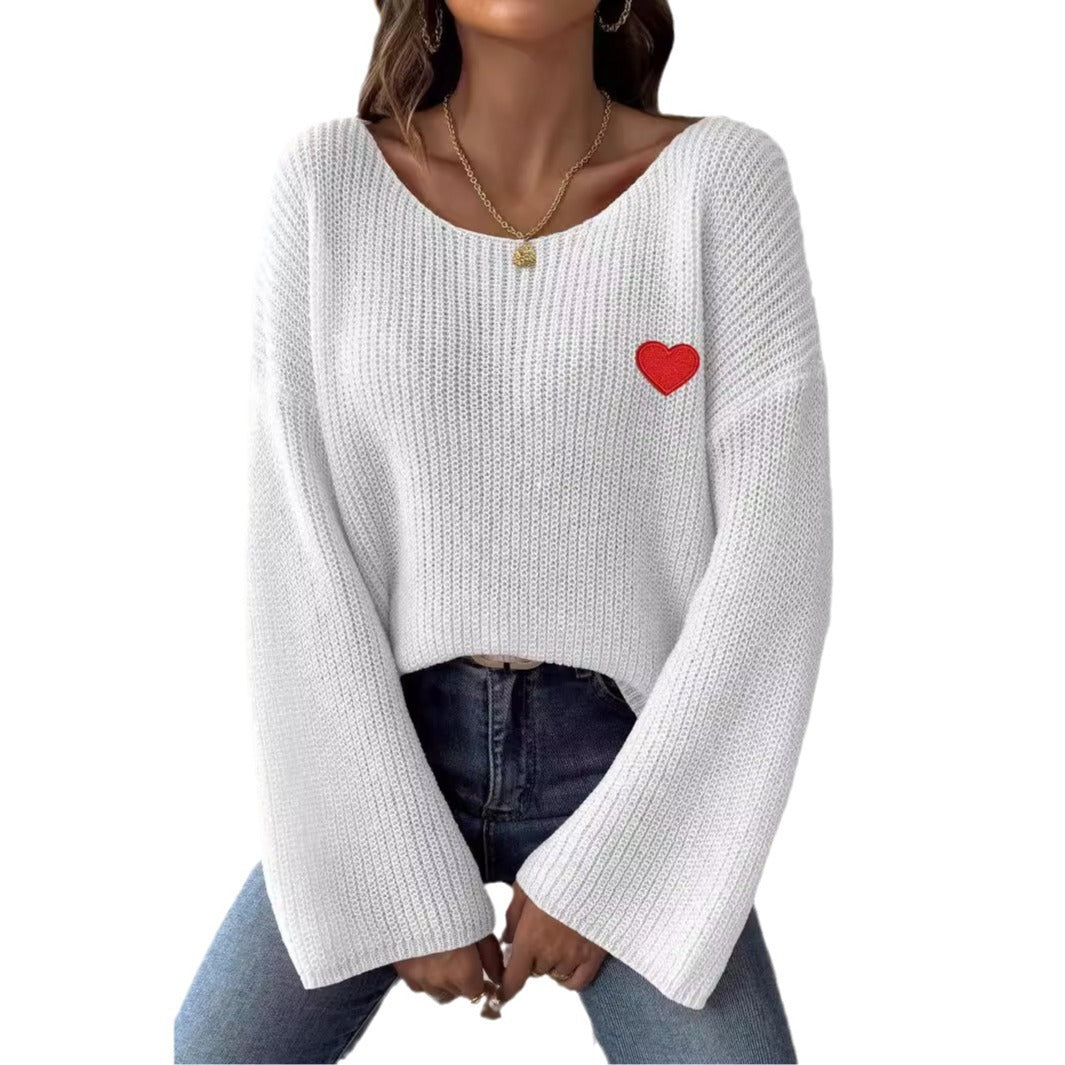 Pull à col rond et manches évasées pour femme avec broderie Love