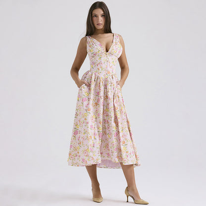 Robe trapèze plissée à col en v, imprimé Floral, taille serrée, avec poches, vêtements d'été pour femmes