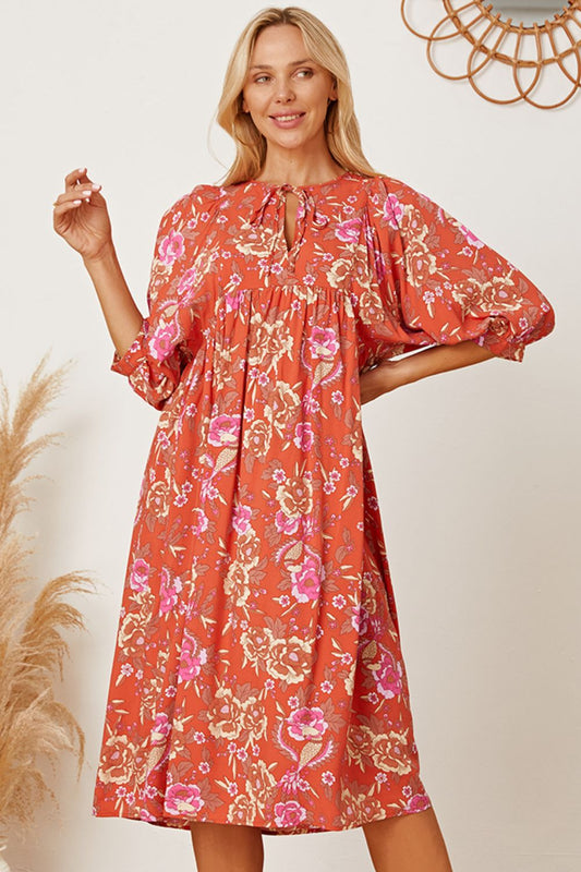 Floral Tie Neck Half Sleeve Dress