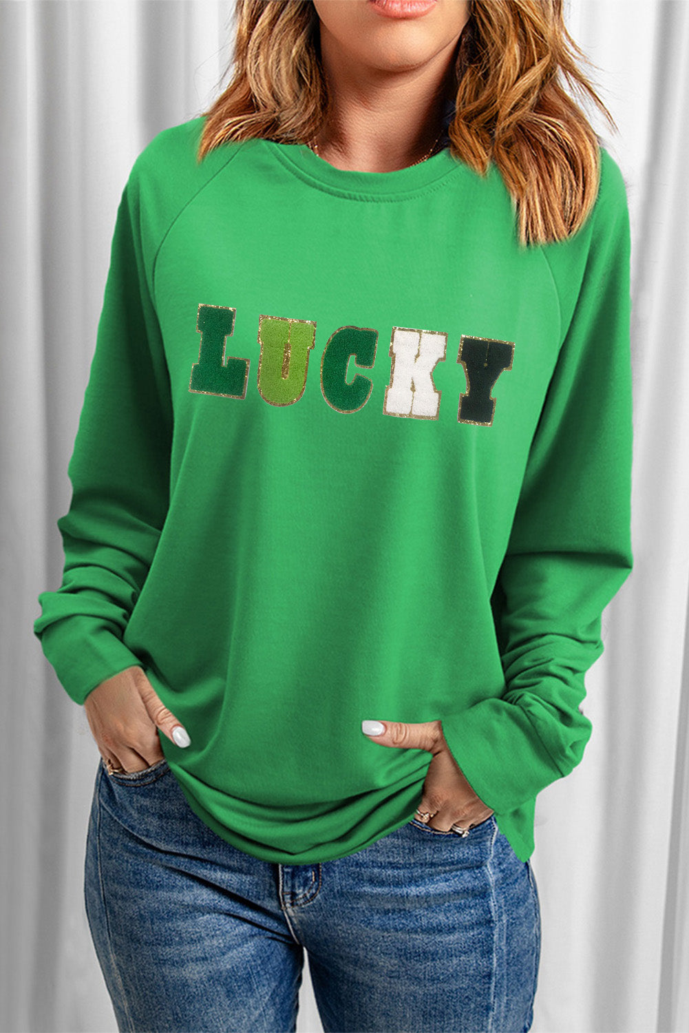 Green St Patricks LUCKY Chenille Letter Graphic Sweatshirt