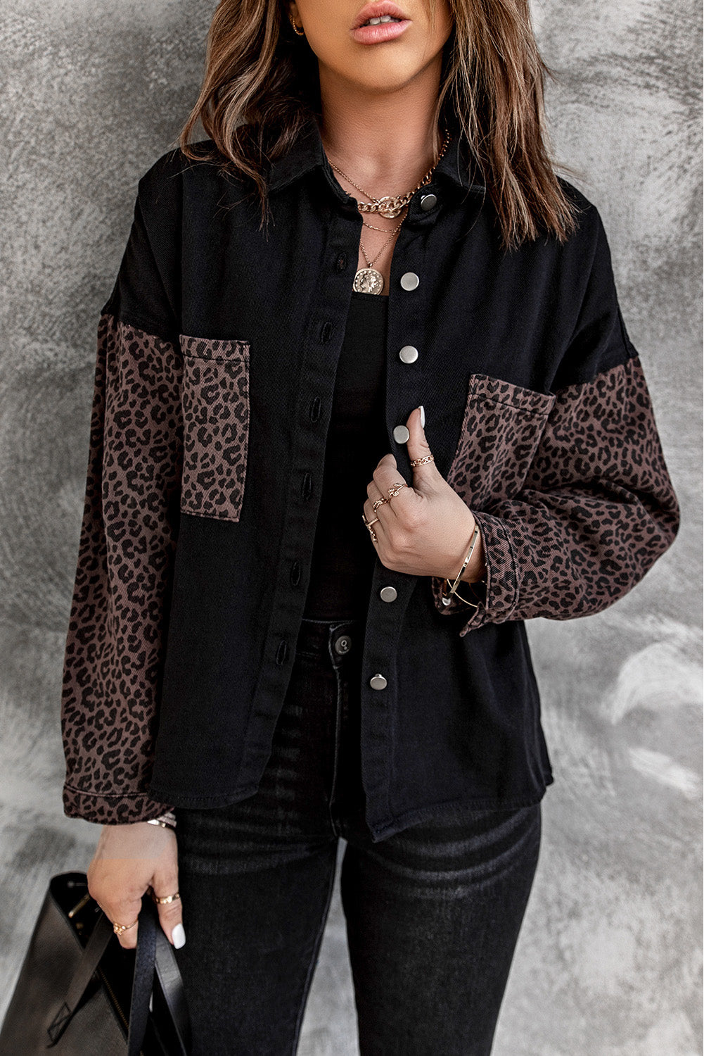 Black Contrast Leopard Denim Jacket