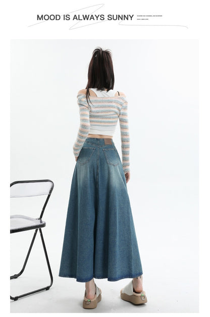 American Style Retro Big Swing Denim Spring New High Waist A- Line Slimming Mid-length Skirt