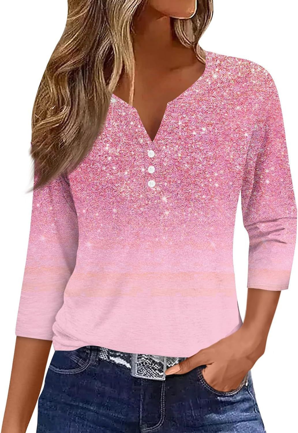 Women's V-neck Three-button 34 Sleeve Solid Color Gradient Floral Top