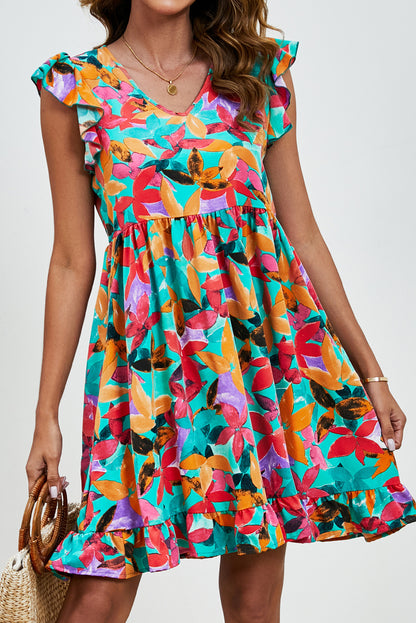 Green Leaf Print V Neck Fluttter Sleeveless Mini Dress