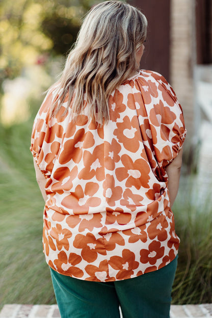 Orange Plus Size Floral Print Drawstring V Neck Short Sleeve Blouse