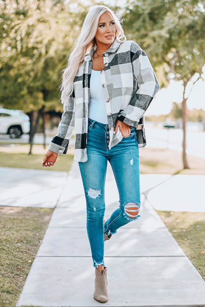 Veste kaki à carreaux color block boutonnée à manches longues avec poche