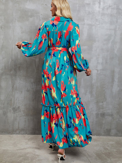 Frill Tied Printed Balloon Sleeve Dress