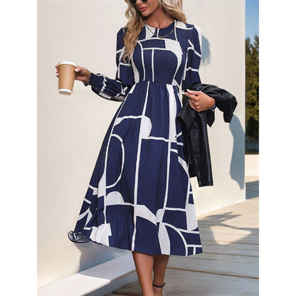 Women's Long-sleeved Printed Dress A- Line Skirt