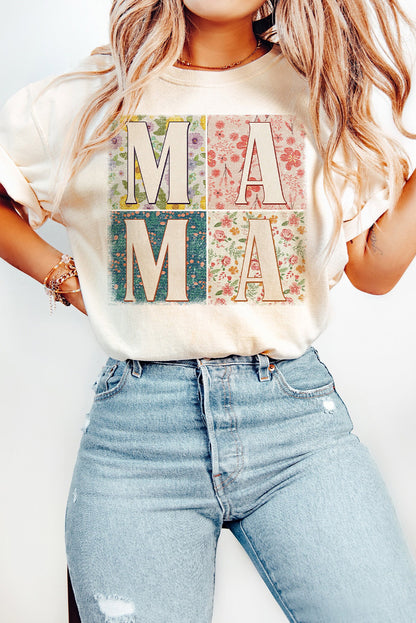 White MAMA Floral Block Graphic Crewneck T Shirt