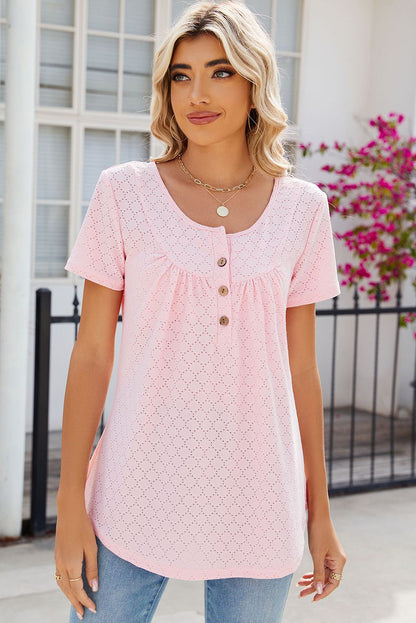 Light Pink Eyelet Buttoned Round Neck Tunic Top