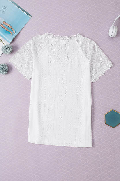 White V Neck Lace Splicing Eyelet Blouse