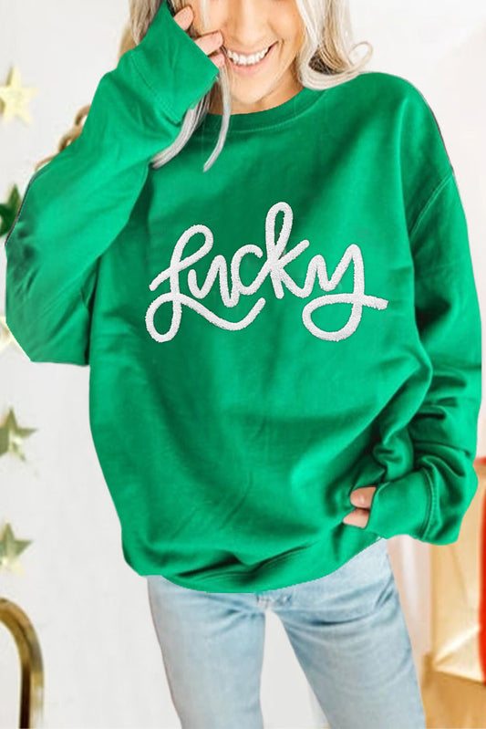 Sudadera verde con bordado de chenilla LUCKY Aphabet