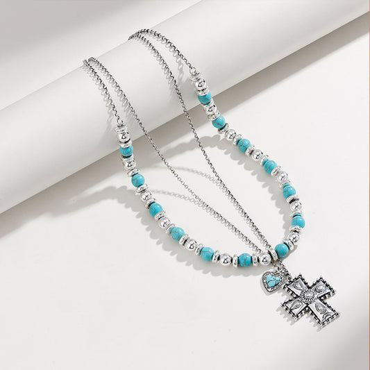 Artificial Turquoise Beaded Double-Layered Cross Necklace