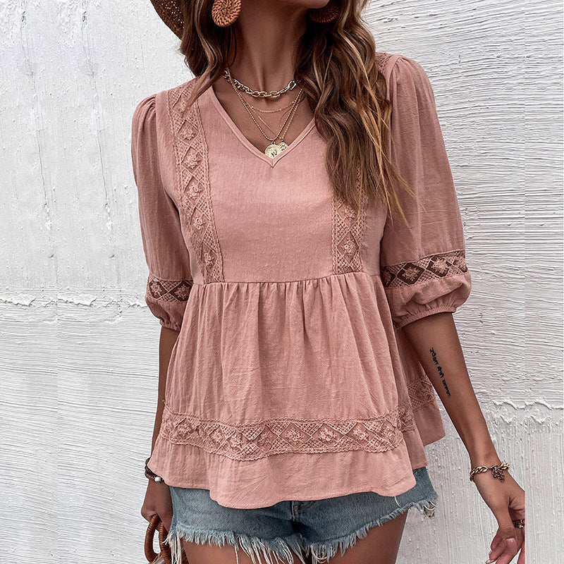 Half Sleeve Lace Pleated Stitching Doll Shirt