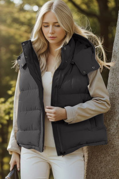 Pocketed Zip Up Hooded Vest Coat