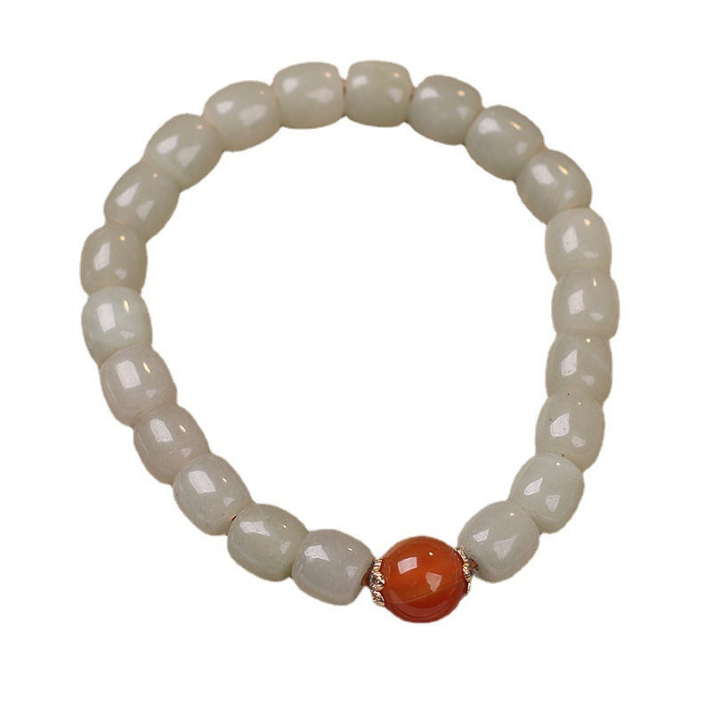 Pulsera de cuentas en forma de barril de jade hetiano natural de la suerte de estilo étnico