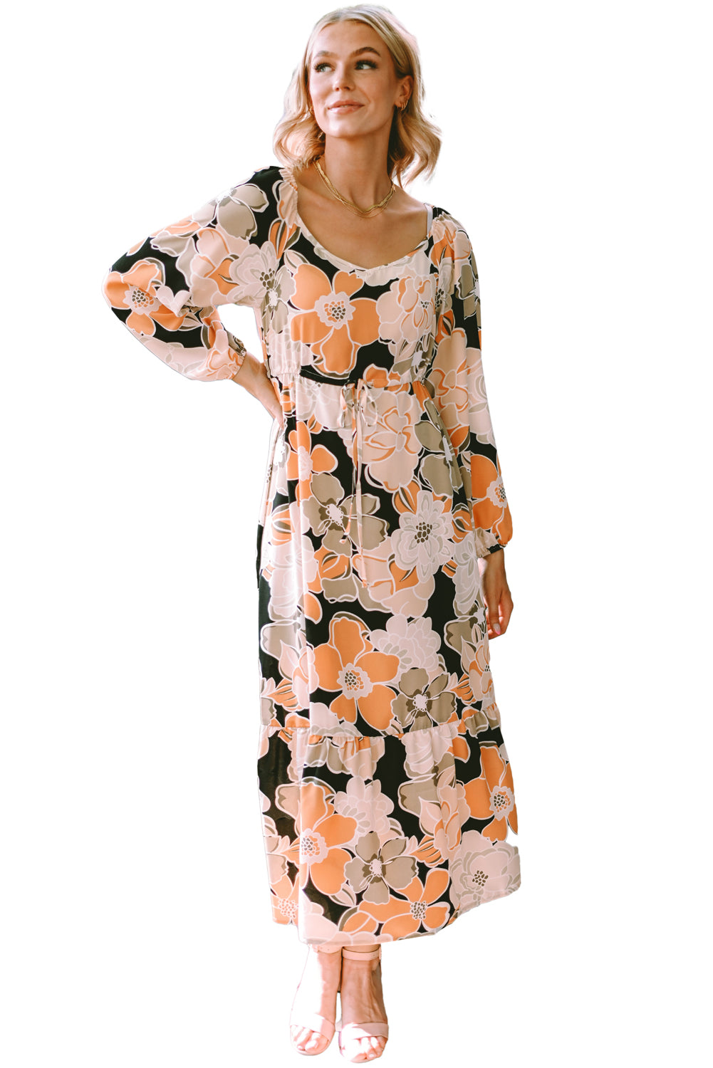 Robe longue florale audacieuse à manches bouffantes et à nouer à la taille