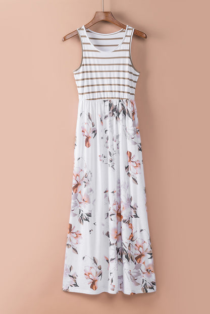 Robe longue blanche sans manches à imprimé floral et à rayures avec poche