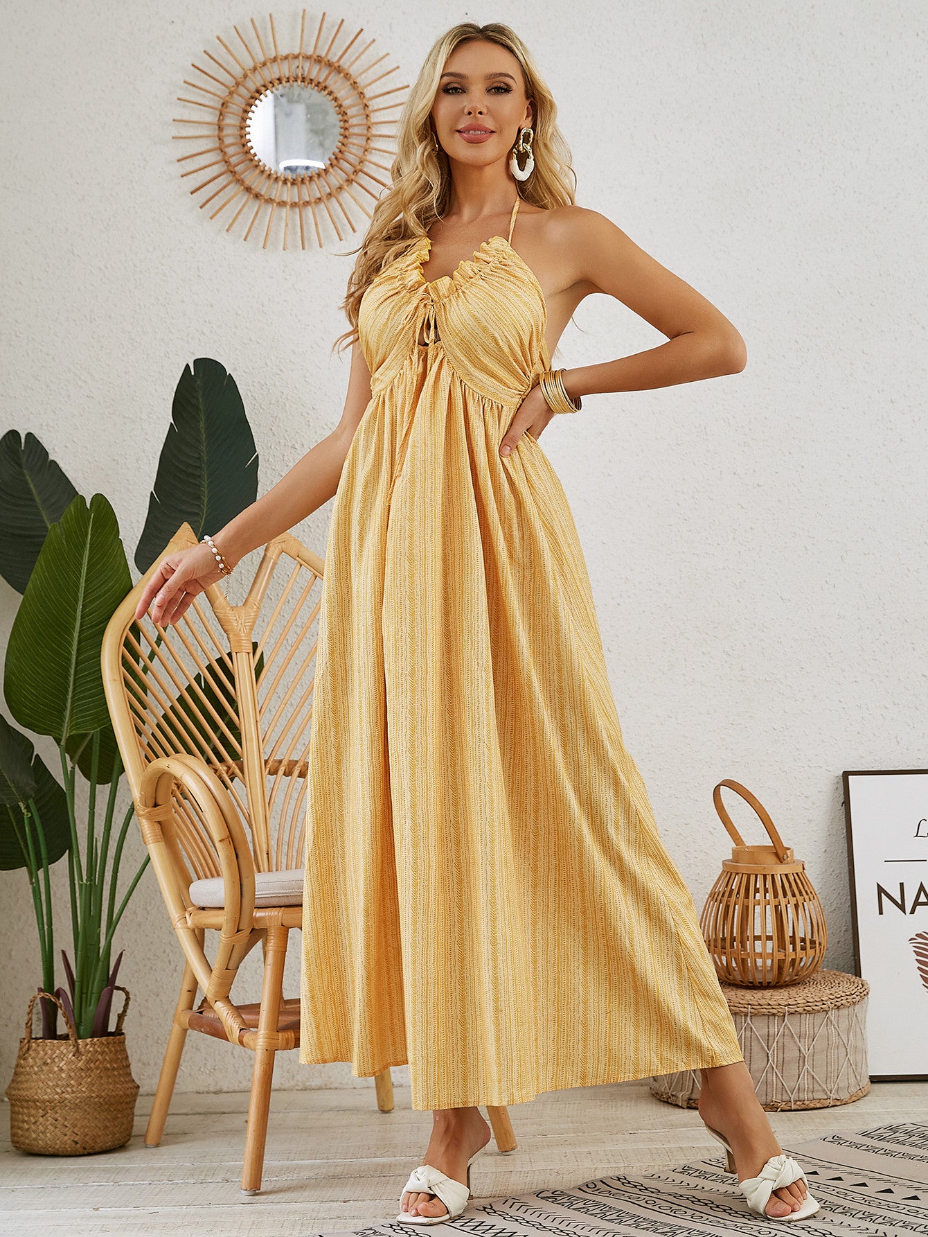 Vestido largo bohemio con cuello halter: vestido playero holgado sin mangas de verano para mujer