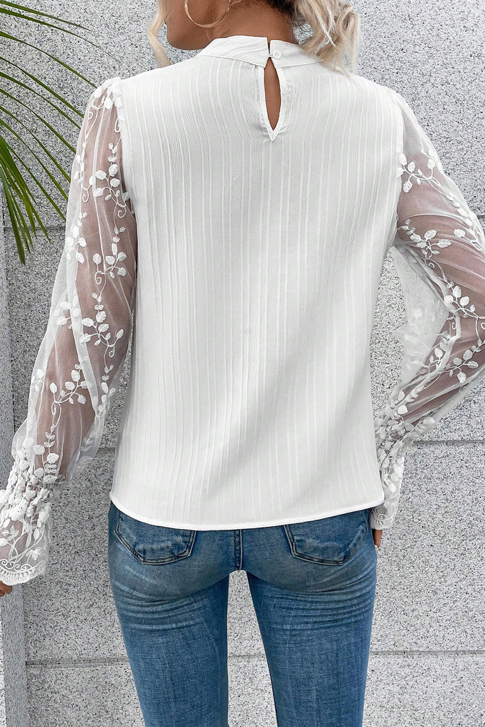 Apricot Pink Contrast Lace Sleeve Mock Neck Textured Blouse