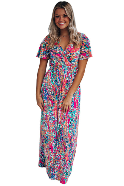 Robe portefeuille longue à manches courtes et col en V, imprimé abstrait Boho Rose, vente en gros