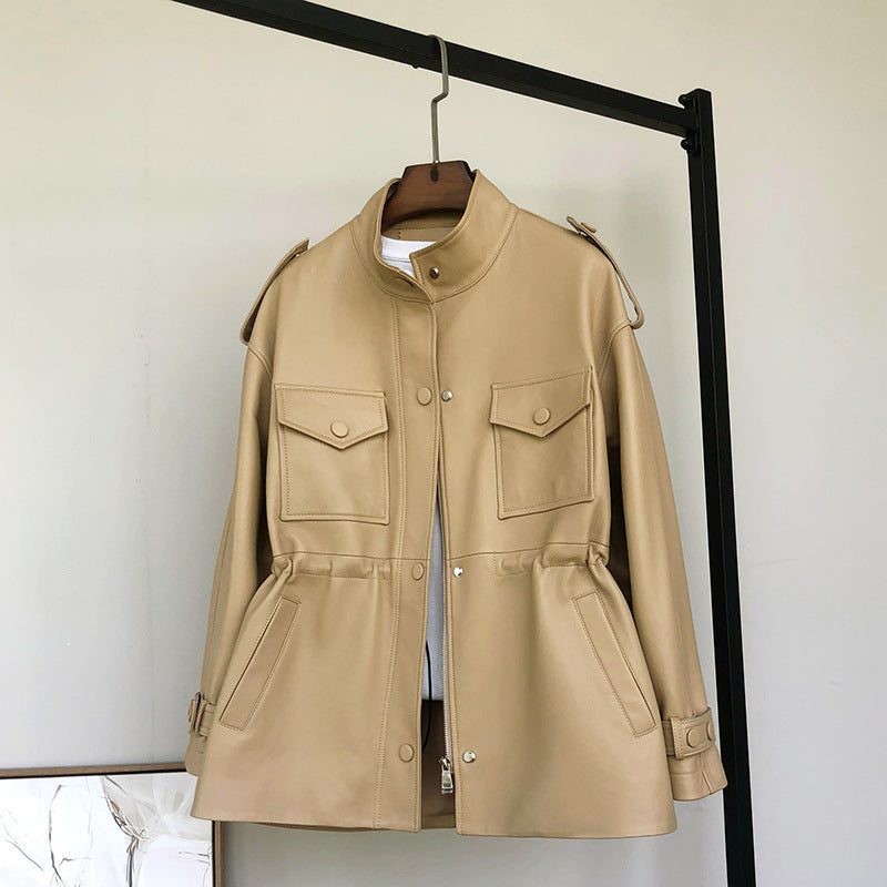 Trench-coat en peau de mouton en cuir à petite taille