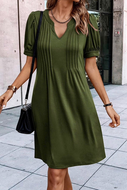 Black Notched Neck Puff Sleeve Pleated T Shirt Dress