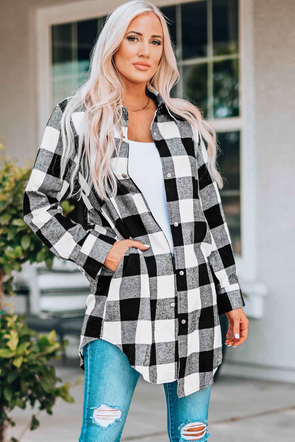 Green Turn-down Collar Plaid Shirt Coat