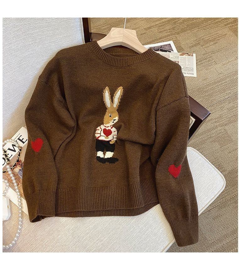 Cute Youth-looking Pullover Cartoon Rabbit Jacquard Long-sleeved Sweater