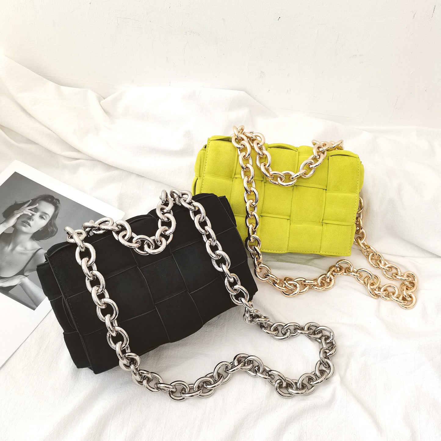 Woven small square bag metal chain bag