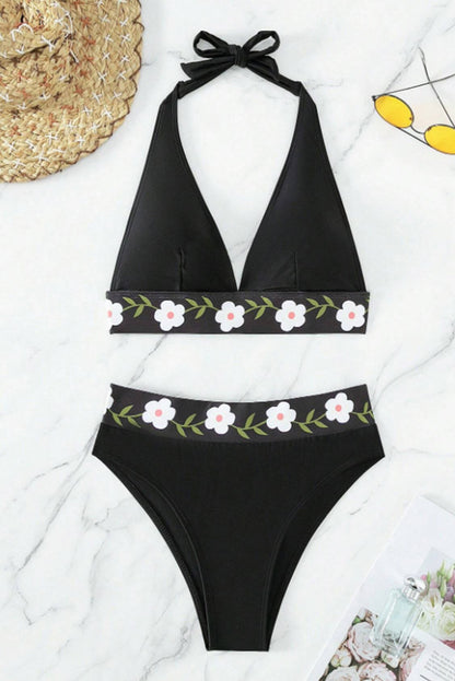 Traje de baño bikini halter con banda floral negro