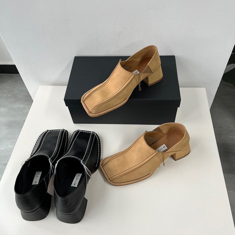 Petites chaussures simples en cuir pour femmes, rétro, tête carrée, talon moyen épais, nouvelle collection