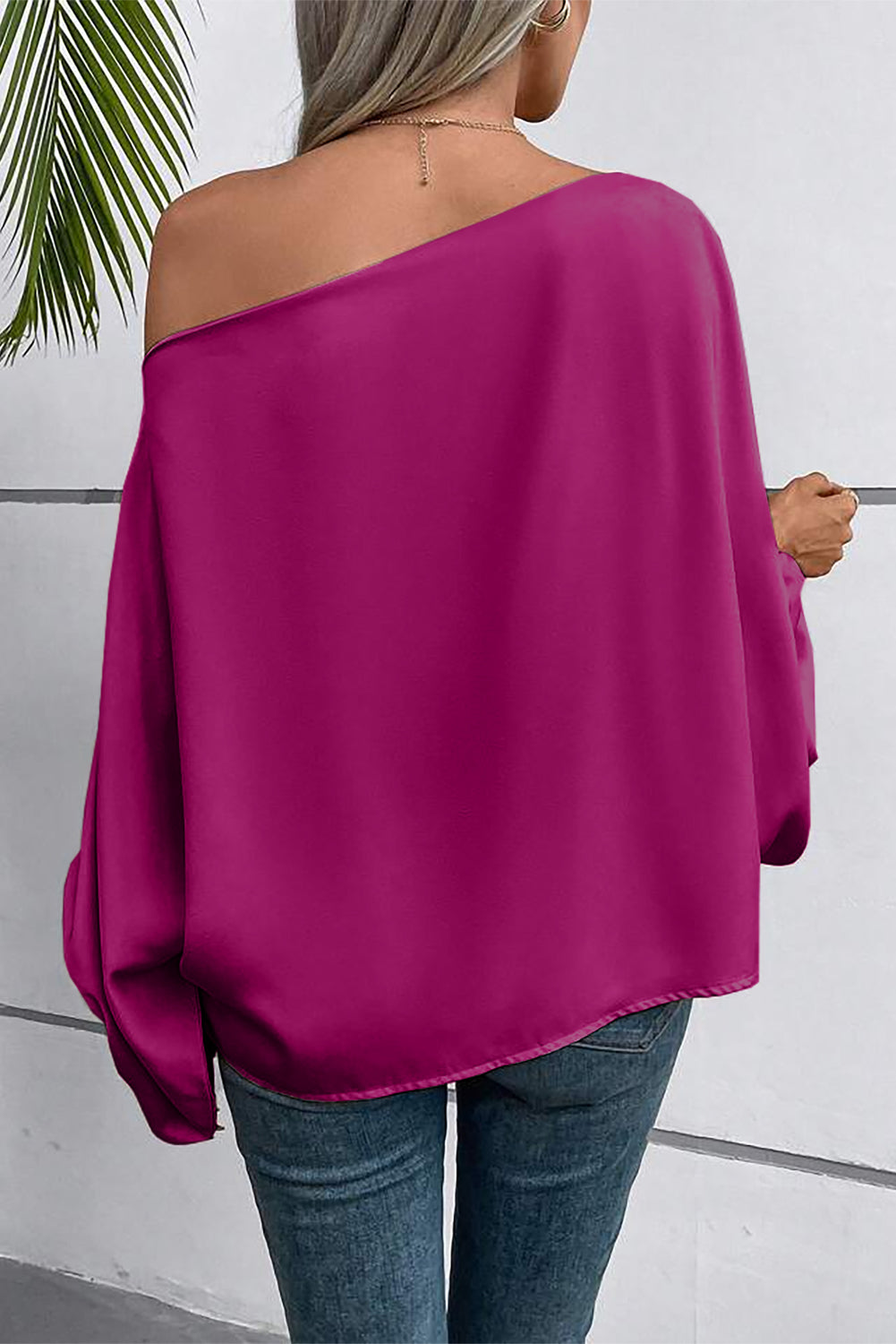 Bright Pink Solid Color Asymmetrical Neck Lantern Sleeve Blouse