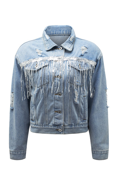 Veste en jean effet vieilli à franges ornées de sequins bleu ciel