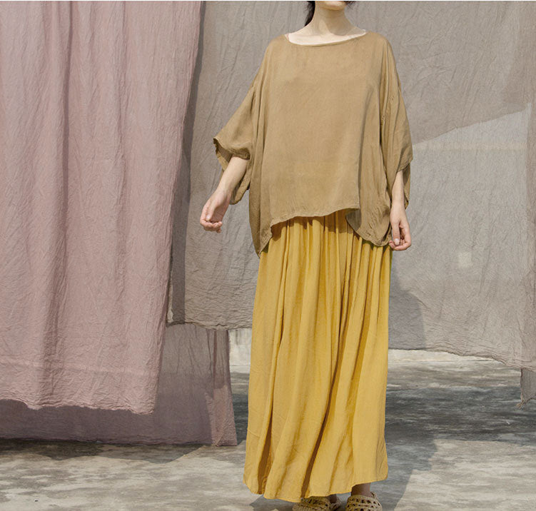 Elastic Waist Large Hem Draping Turmeric Crepe De Chine Skirt