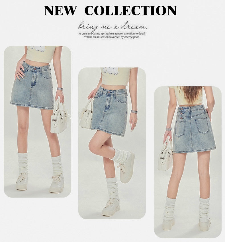 Summer High Waist New Three Breasted Denim Skirt Women