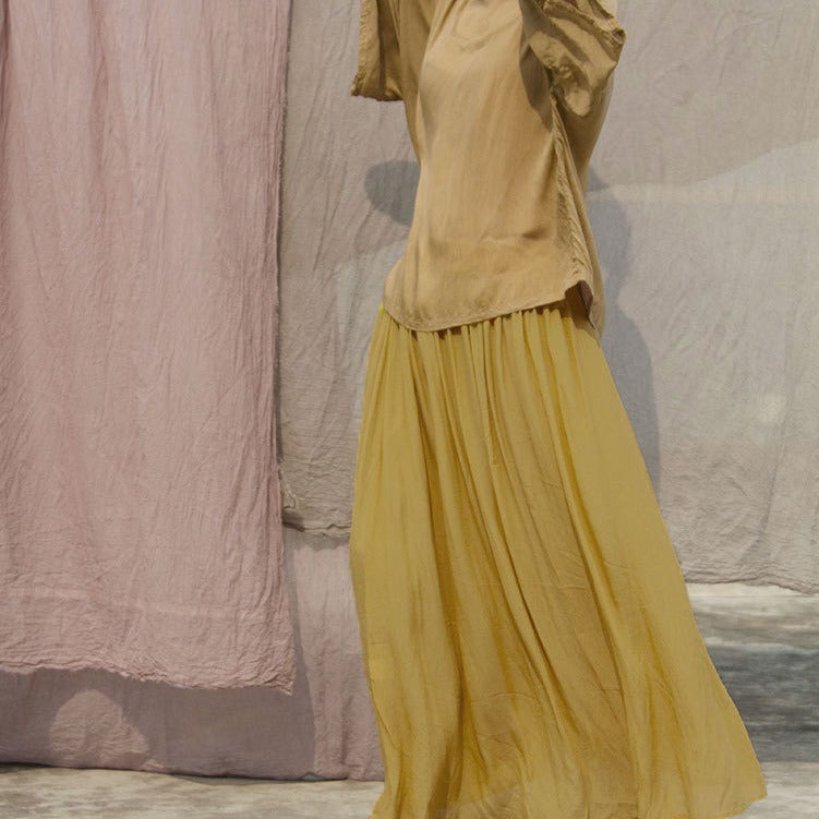 Elastic Waist Large Hem Draping Turmeric Crepe De Chine Skirt