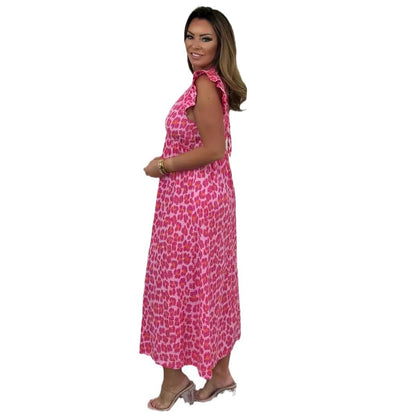 Women's Temperament Printed Waist-tight Pink Leopard Print Dress