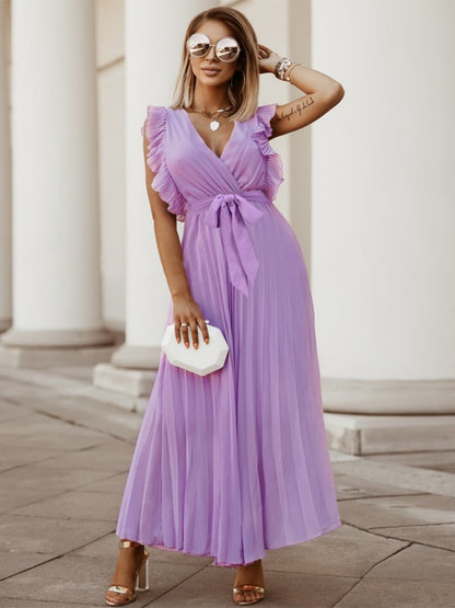 Tied Surplice Cap Sleeve Pleated Dress