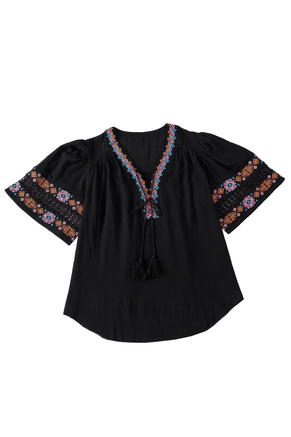 Black Boho Tassel Drawstring Cut Out Embroidered Blouse