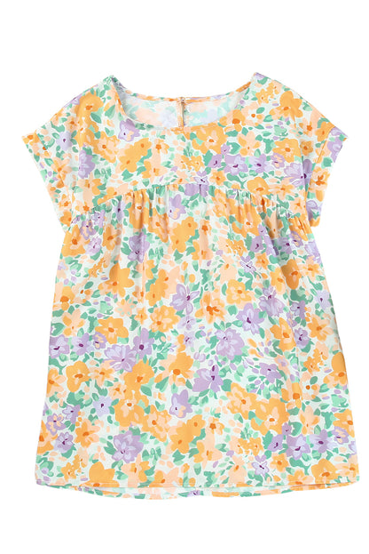 Yellow Floral Print Keyhole Back Short Sleeve Babydoll Blouse