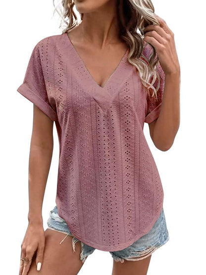 Blusa de manga corta con cuello en V y ojales