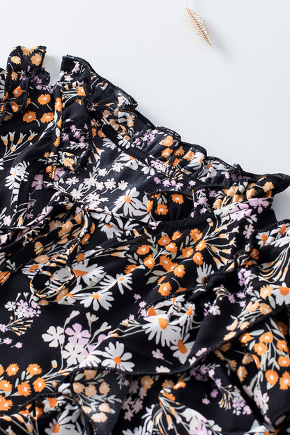 Black Floral Print Ruffle Drawstring V Neck Blouse