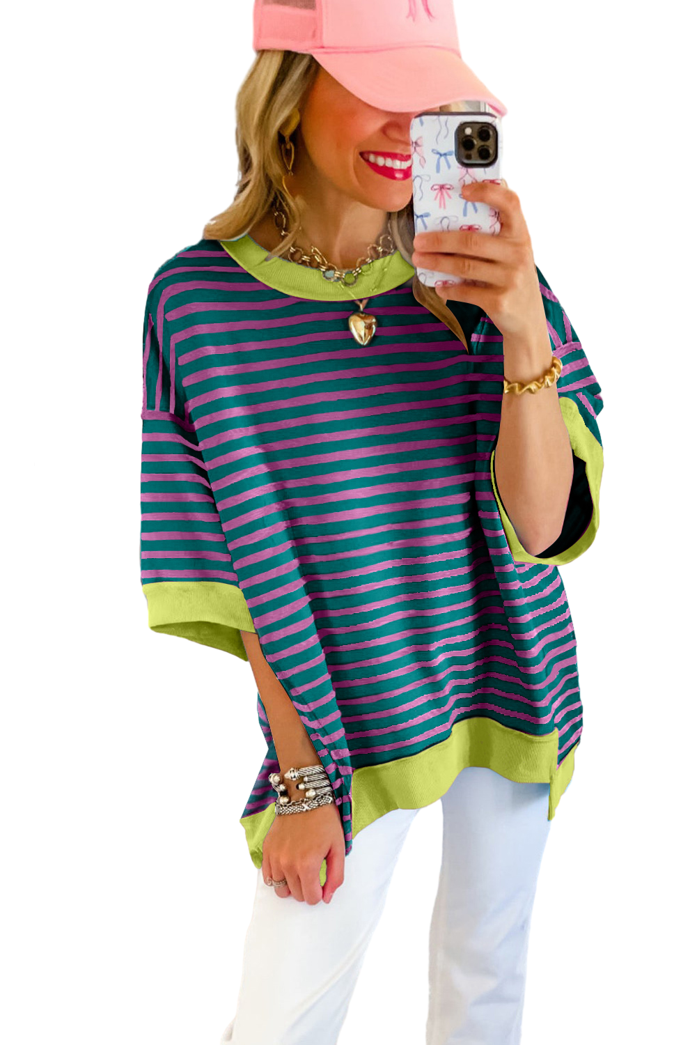 Pink Stripe Colorblock Drop Sleeve Loose Top