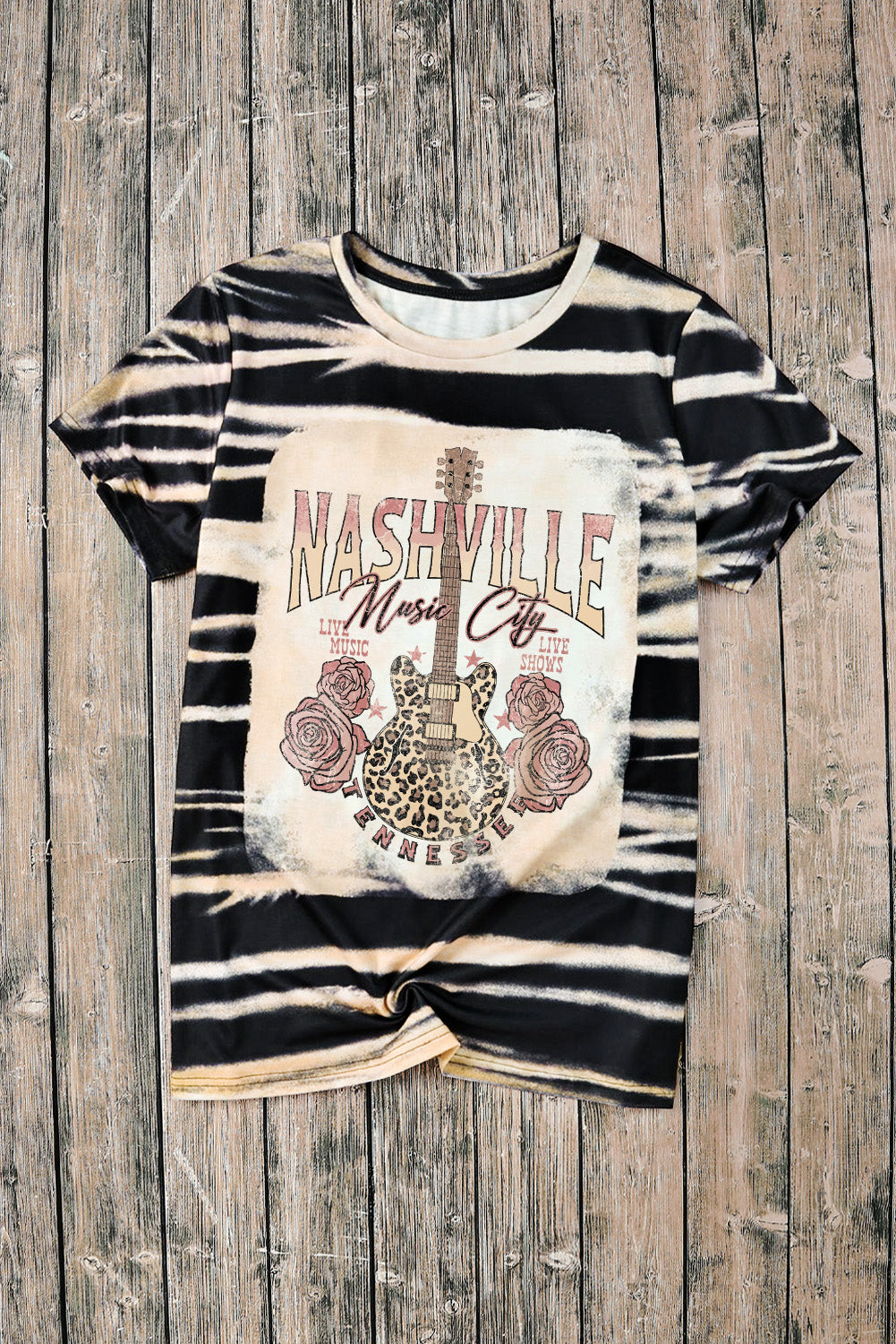 Camiseta gráfica de guitarra NASHVILLE blanqueada con rayas vintange azules