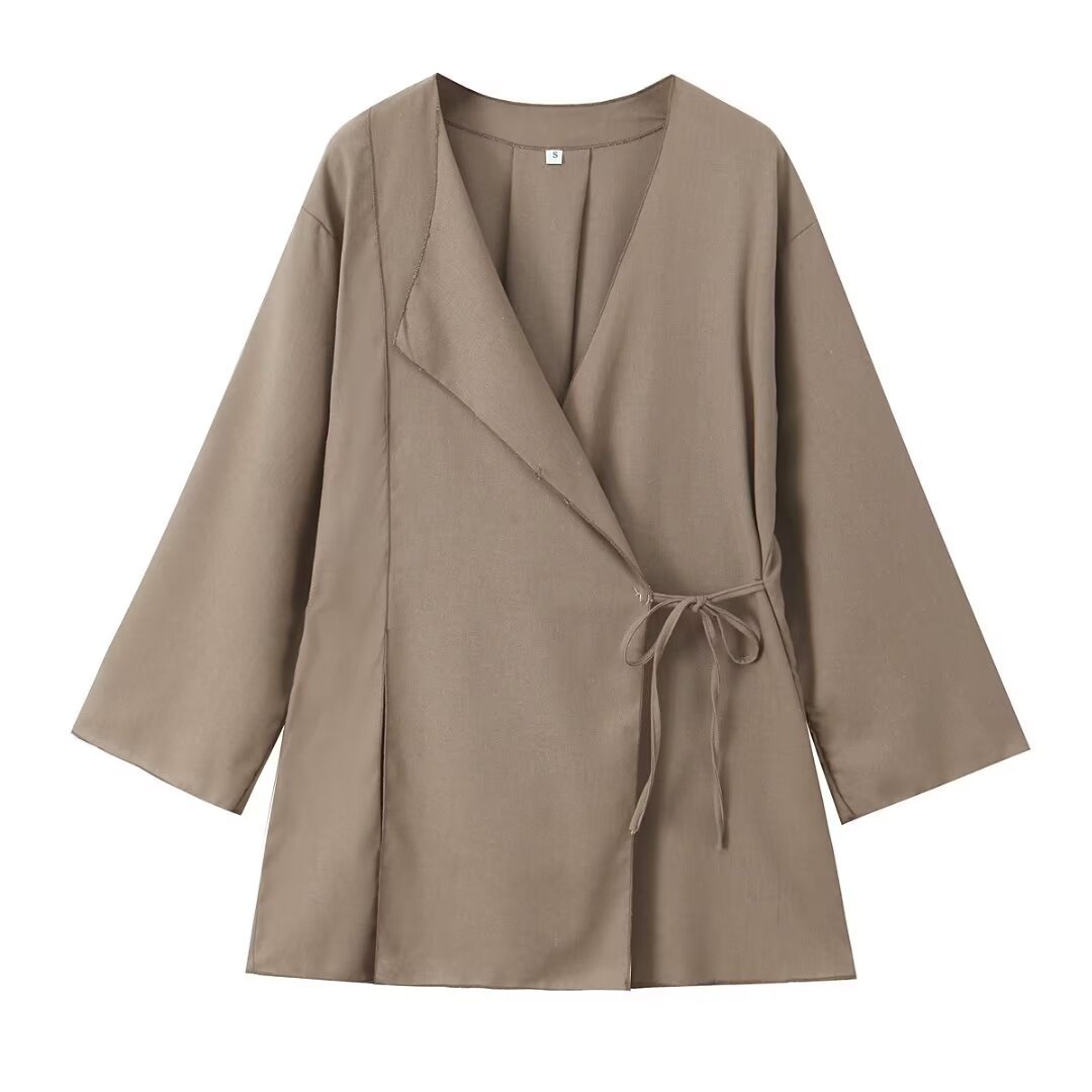 Manteau croisé kimono en lin pour femme avec pantalon fluide