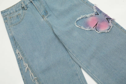 Pantalon en denim délavé papillon mignon et doux