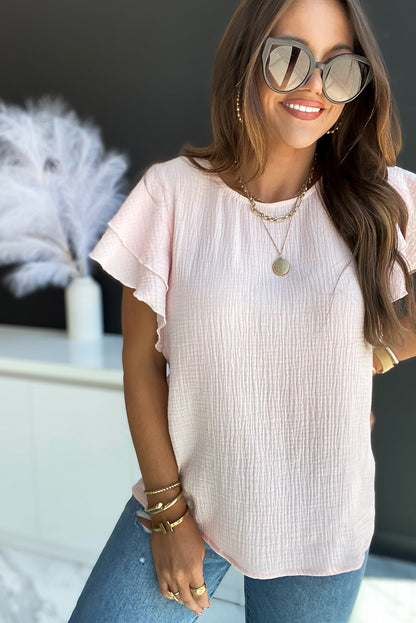 Pink Textured Tiered Ruffle Casual Short Sleeve Top