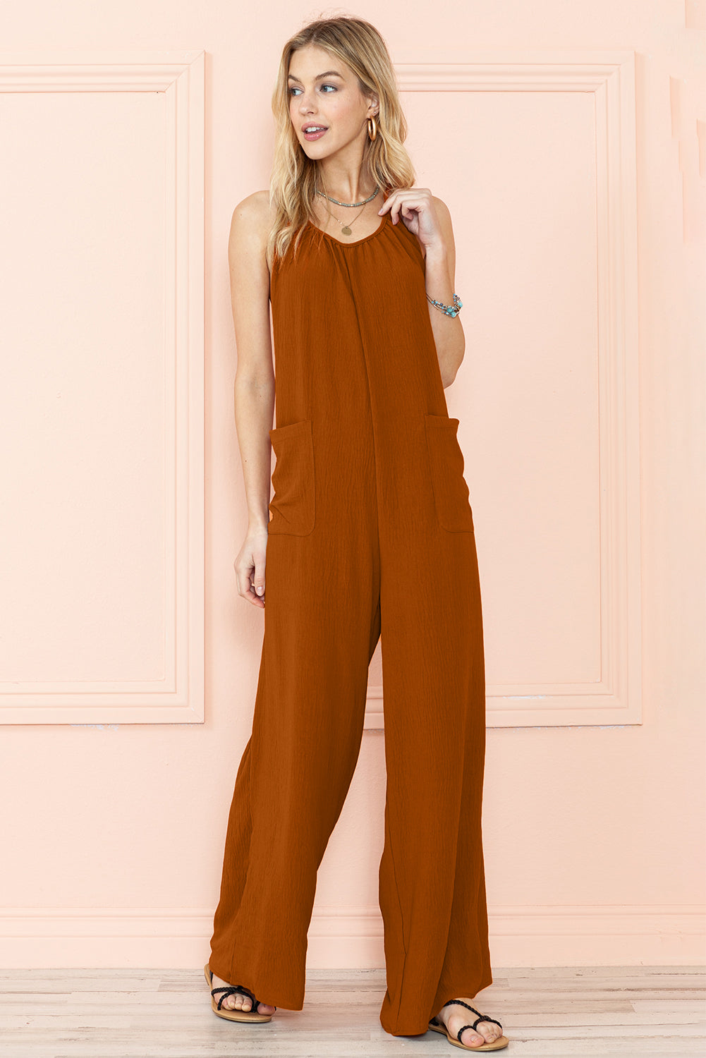 Apricot Spaghetti Straps Waist Tie Pocketed Wide Leg Jumpsuit