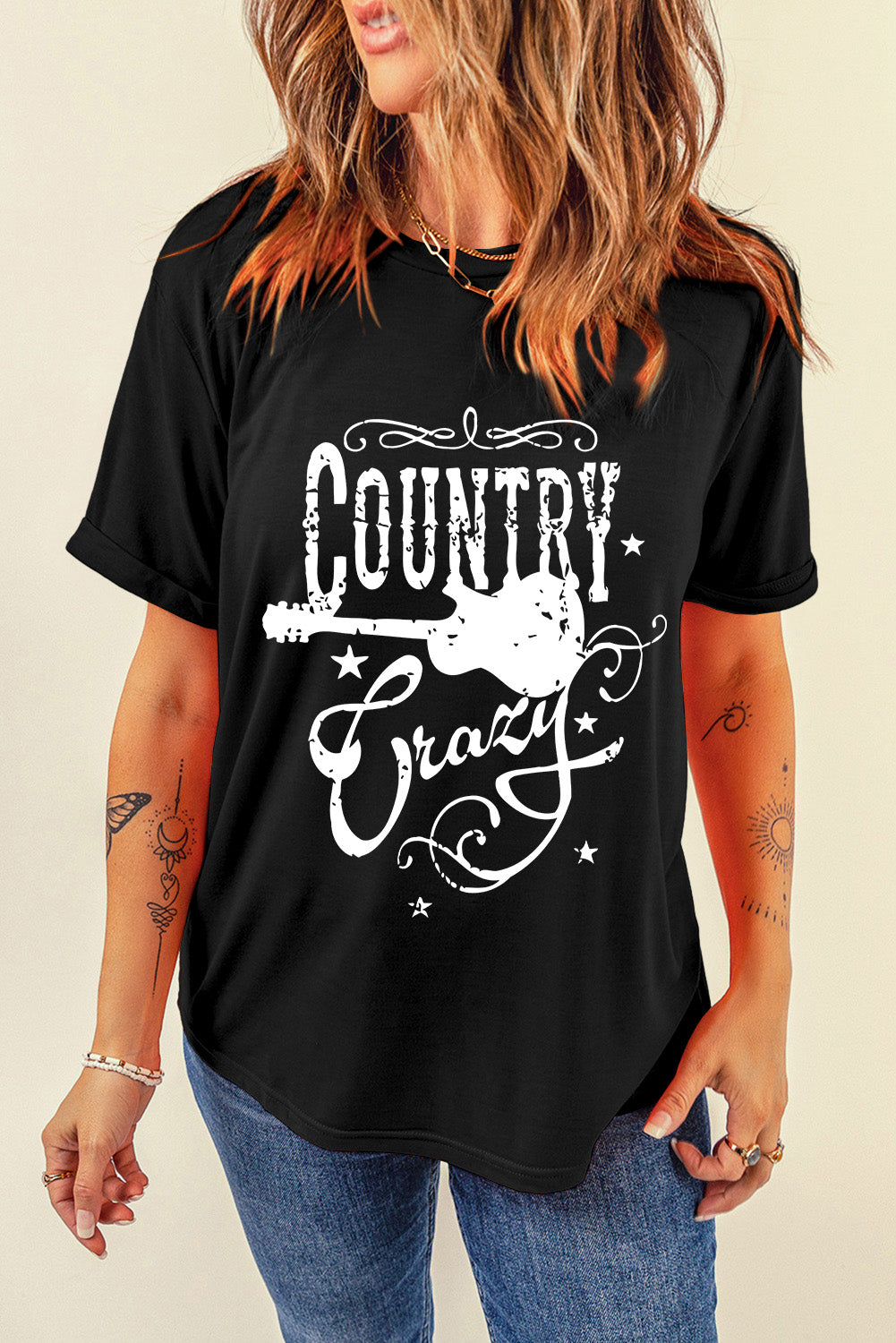 T-shirt noir à col ras du cou avec graphisme fou de musique country